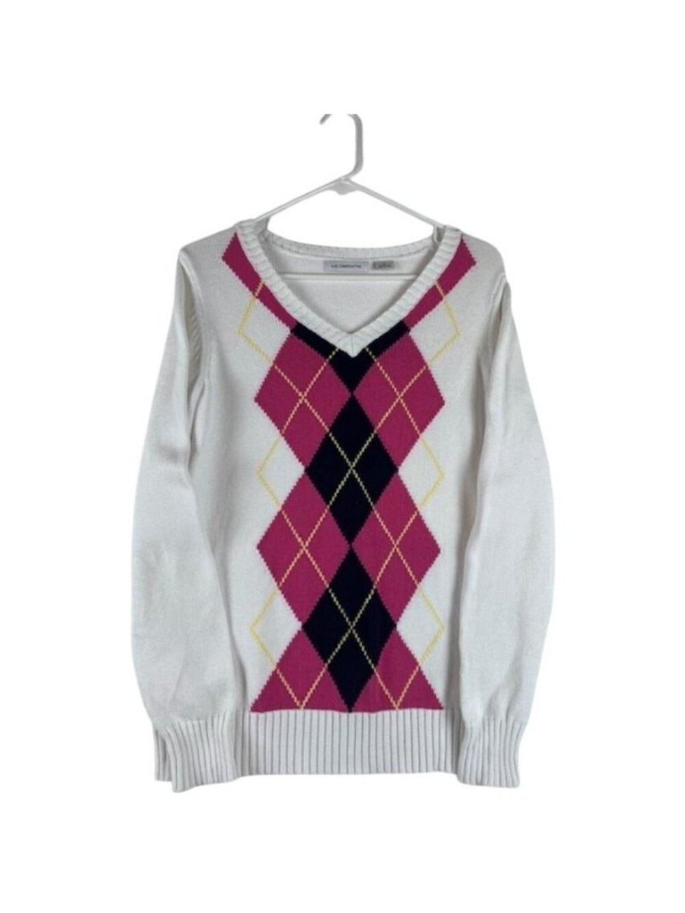 Liz Claiborne Women's V-Neck Argyle Sweater Size Medium White Pink Navy Long Sle
